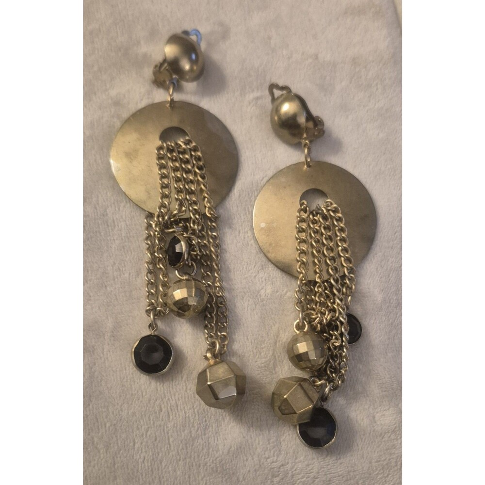 Vtg Gold Tone Clip On Shoulder Dusters Dangling Earrings Black And Gold Beads